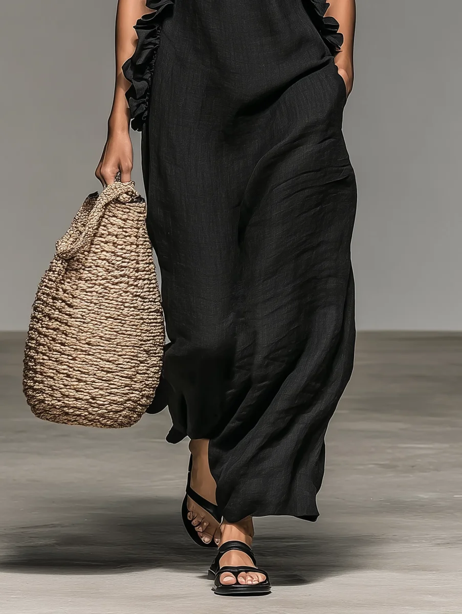 Vestido Maxi sem Mangas em Mistura de Linho com Detalhes de Folhos - Image 8