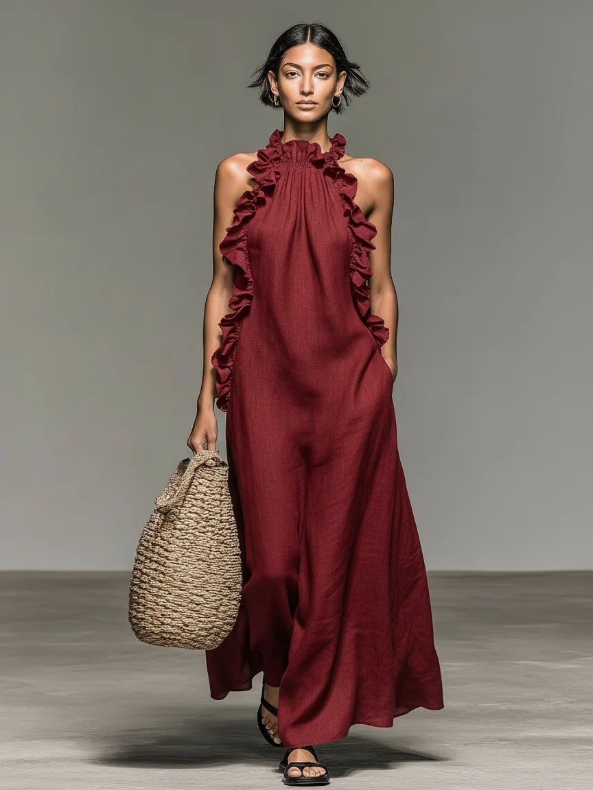 Vestido Maxi sem Mangas em Mistura de Linho com Detalhes de Folhos - Image 3