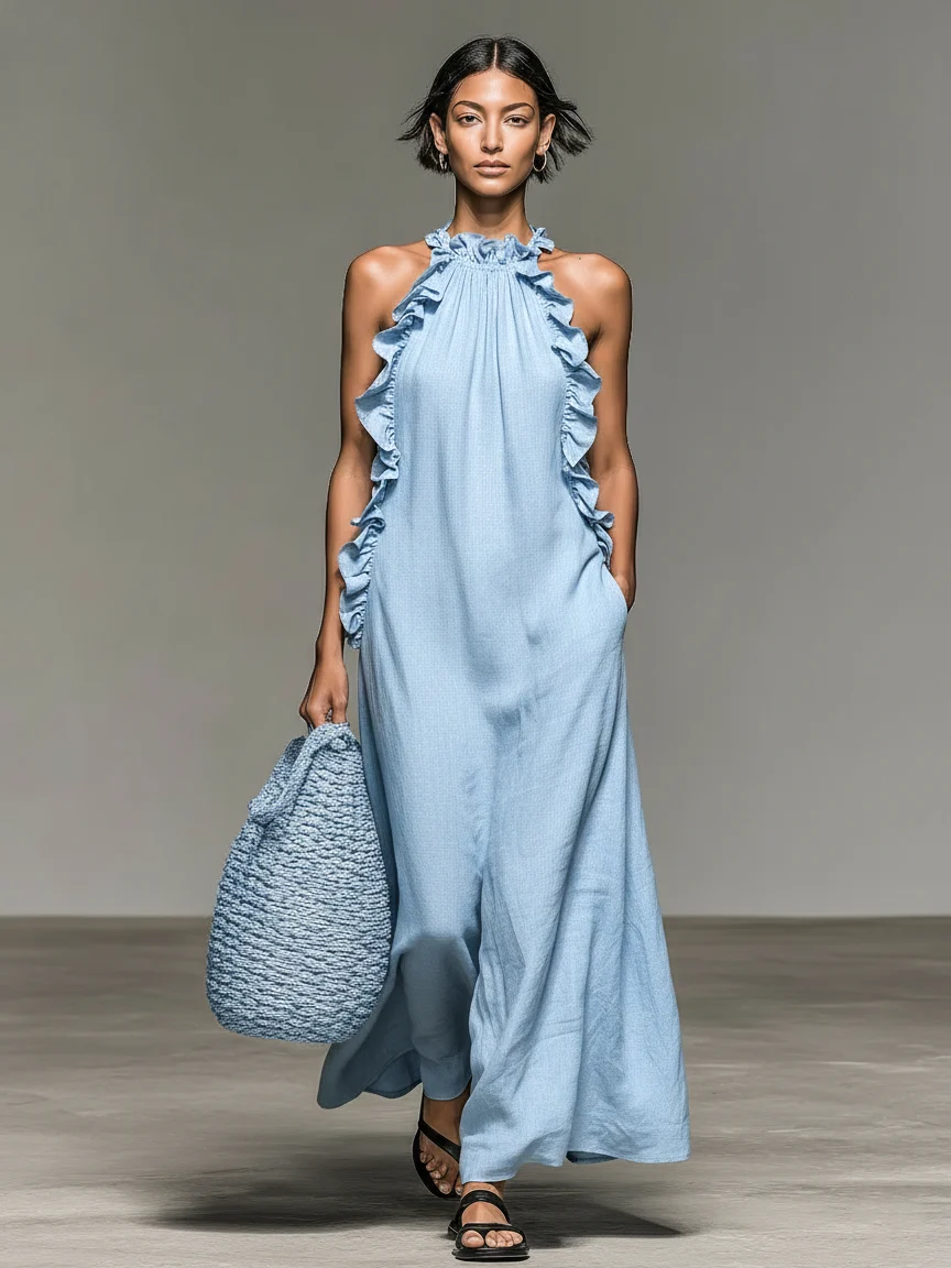 Vestido Maxi sem Mangas em Mistura de Linho com Detalhes de Folhos - Image 4